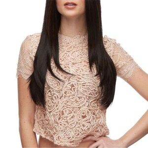 ZARA Trafaluc Rose Peach Pink Lace Crochet Embroidered Short Sleeve Top